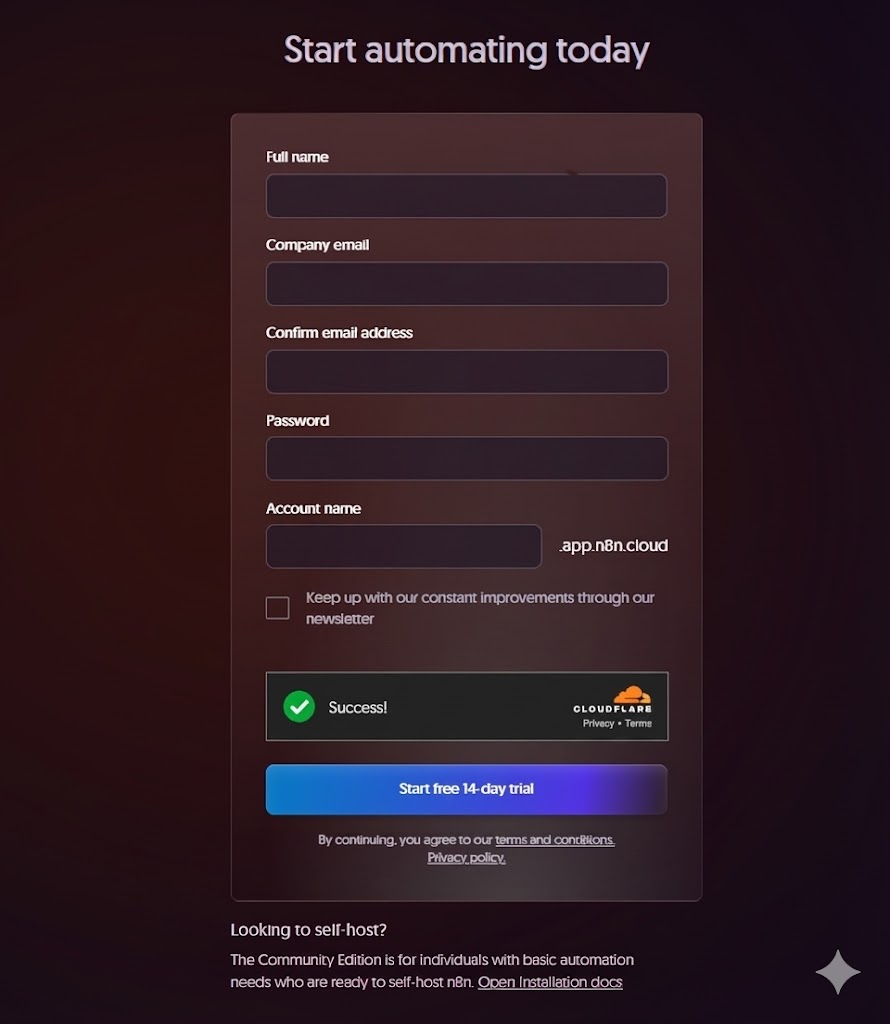 n8n register form interface showing email and password fields for account creation
