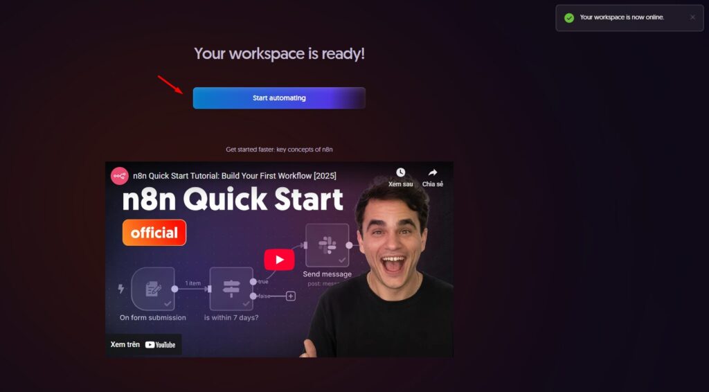 The n8n workflow editor canvas showing nodes and connections after login