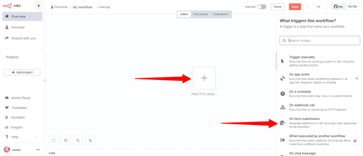 n8n AI agent workflow using LangChain nodes